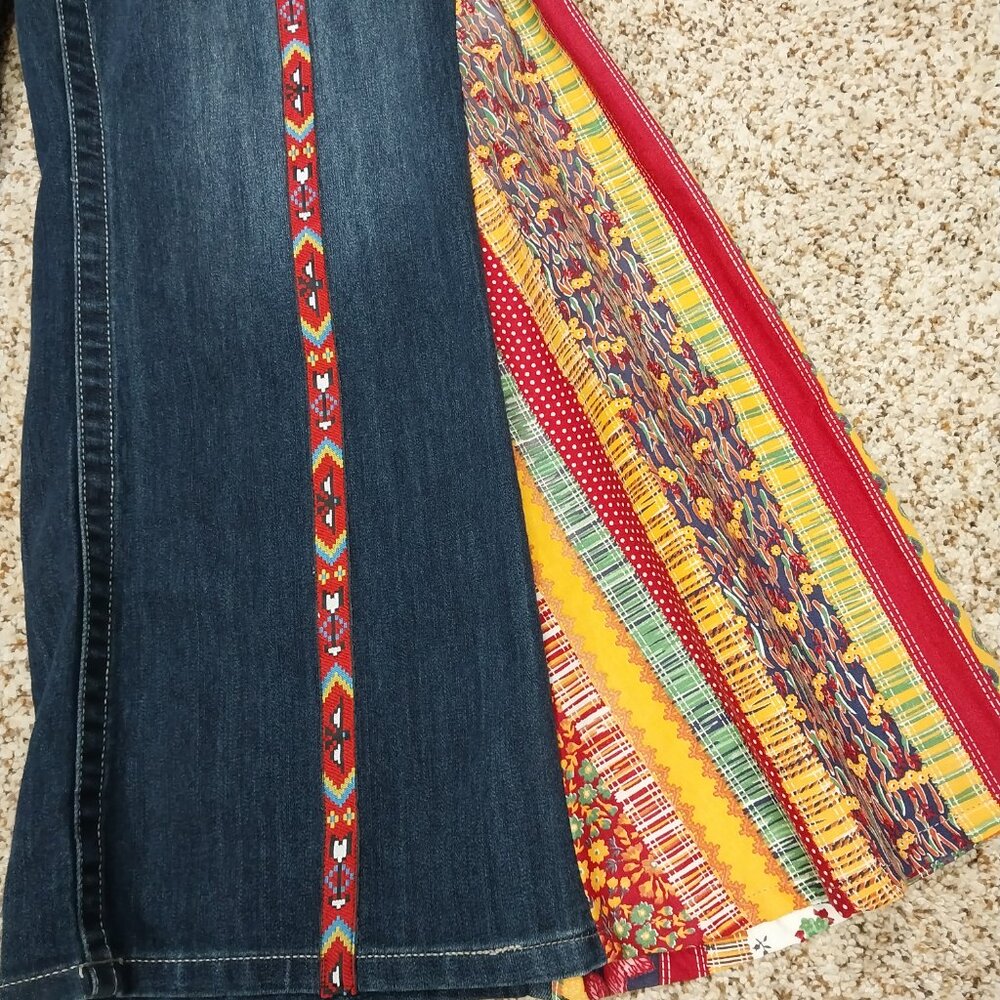 3783 Size 14W Maurices Upcycled Red and Gold Bell-Bottom Jeans. - Picture 2 of 8